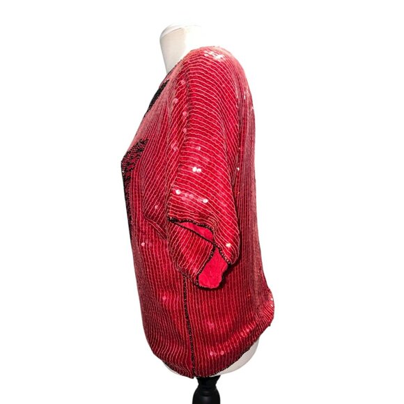 Vintage Jean For Le Bon Red Sequin Beaded Top Medium Pure Silk Short Sleeve Wome - Picture 9 of 11